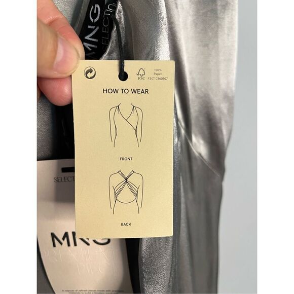 Mango MNG Women's Asymmetrical Satin-finish Dress w/ Asymmetrical Hem Silver Siz - Picture 13 of 16